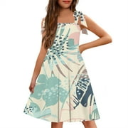 Summer Dress for Girls 7-8 Casual Tie Shoulder Sleeveless Cami Dress Hawaiian Palm Tree Square Neck Sundresses Basic Swing Dresses with Pockets 3-4 Years ,Beige